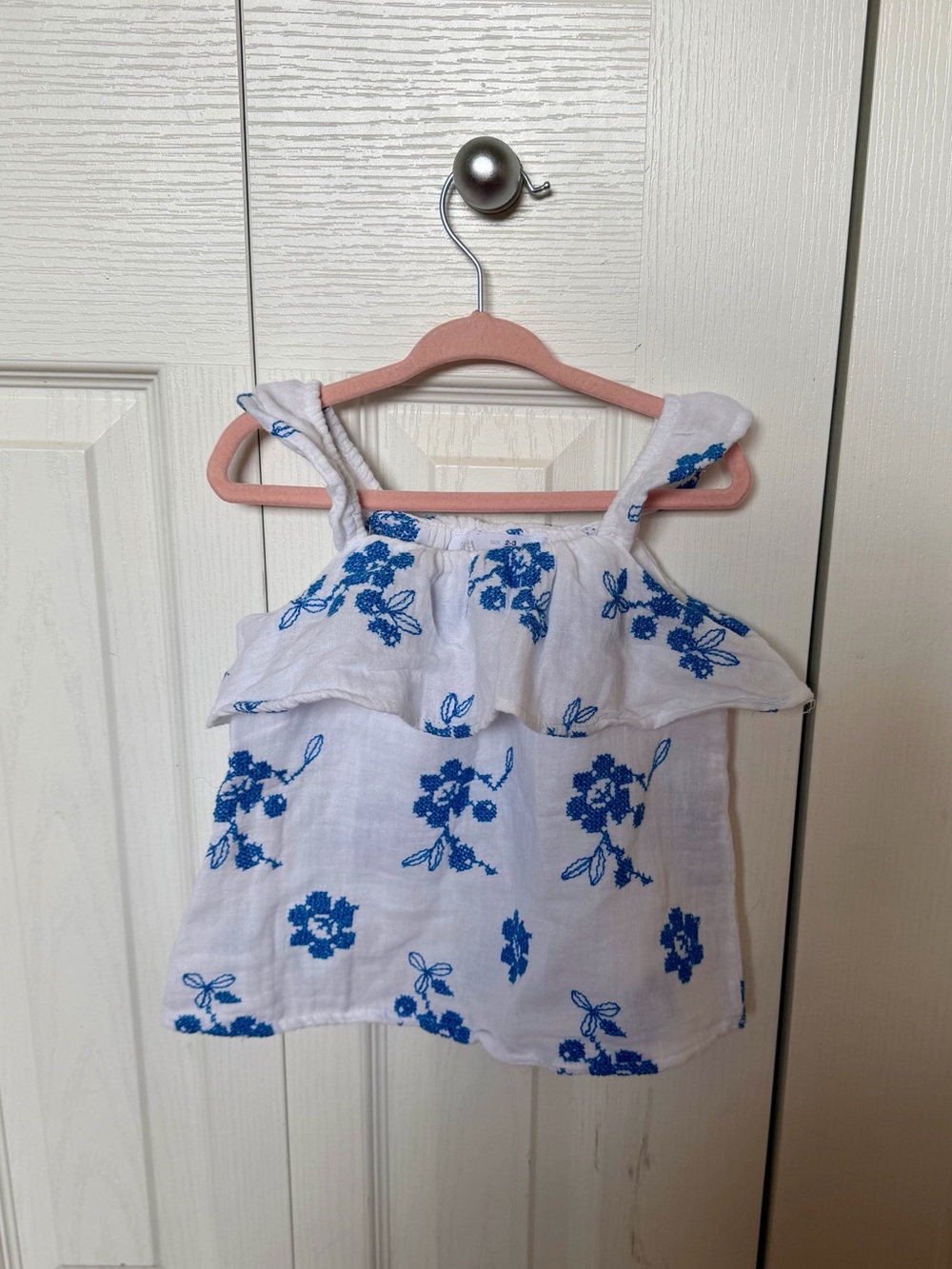 Zara White Tank Top with Blue Floral Embroidery